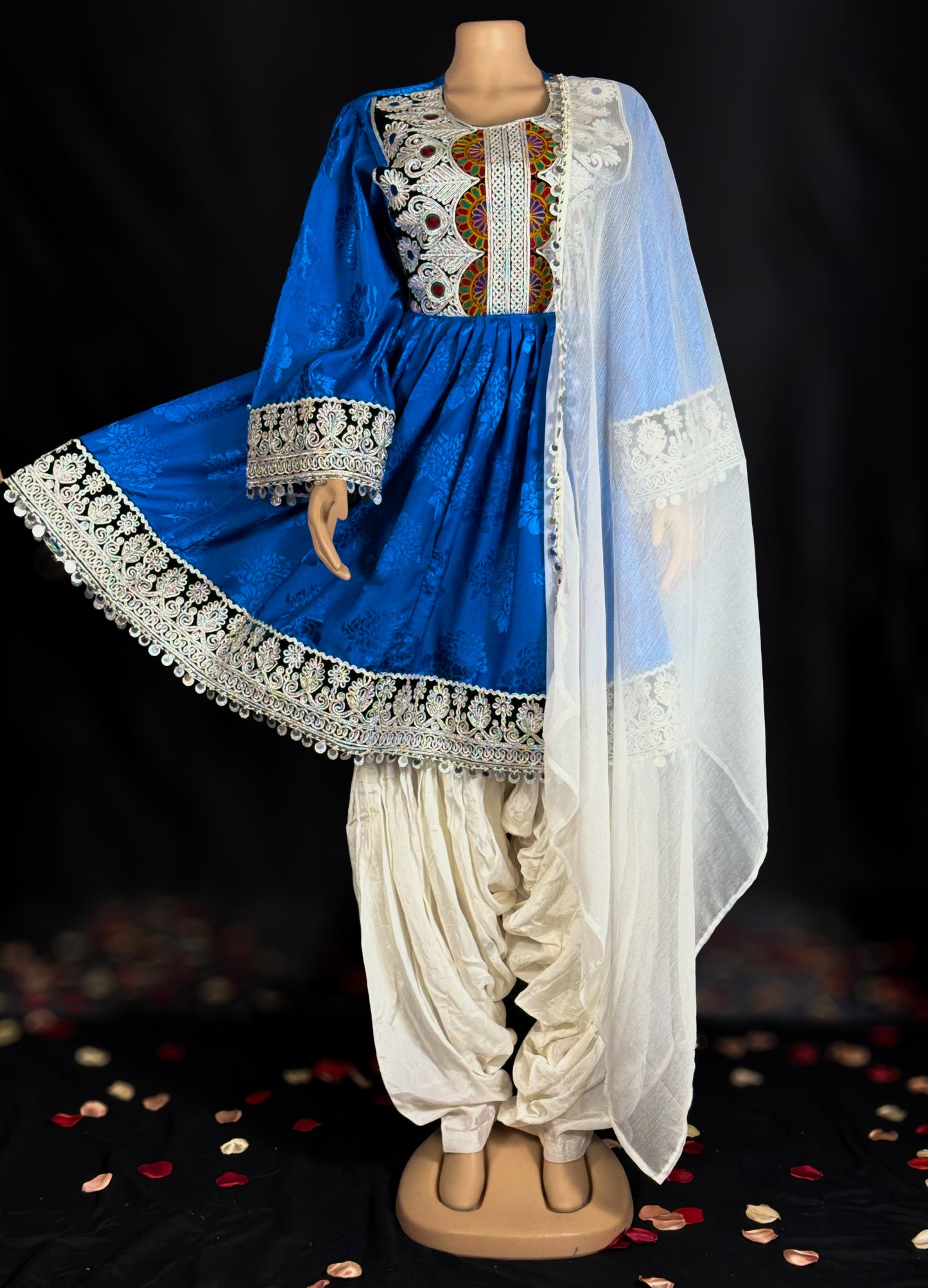 Afsana Blue & White Handcrafted Traditional Outfit (Three Piece)