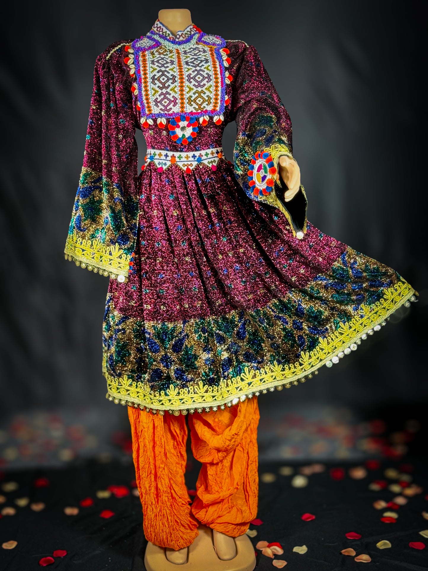 Parasto Kuchi Dress (Three Pieces) – Handcrafted Embroidered Attire with Orange Scarf