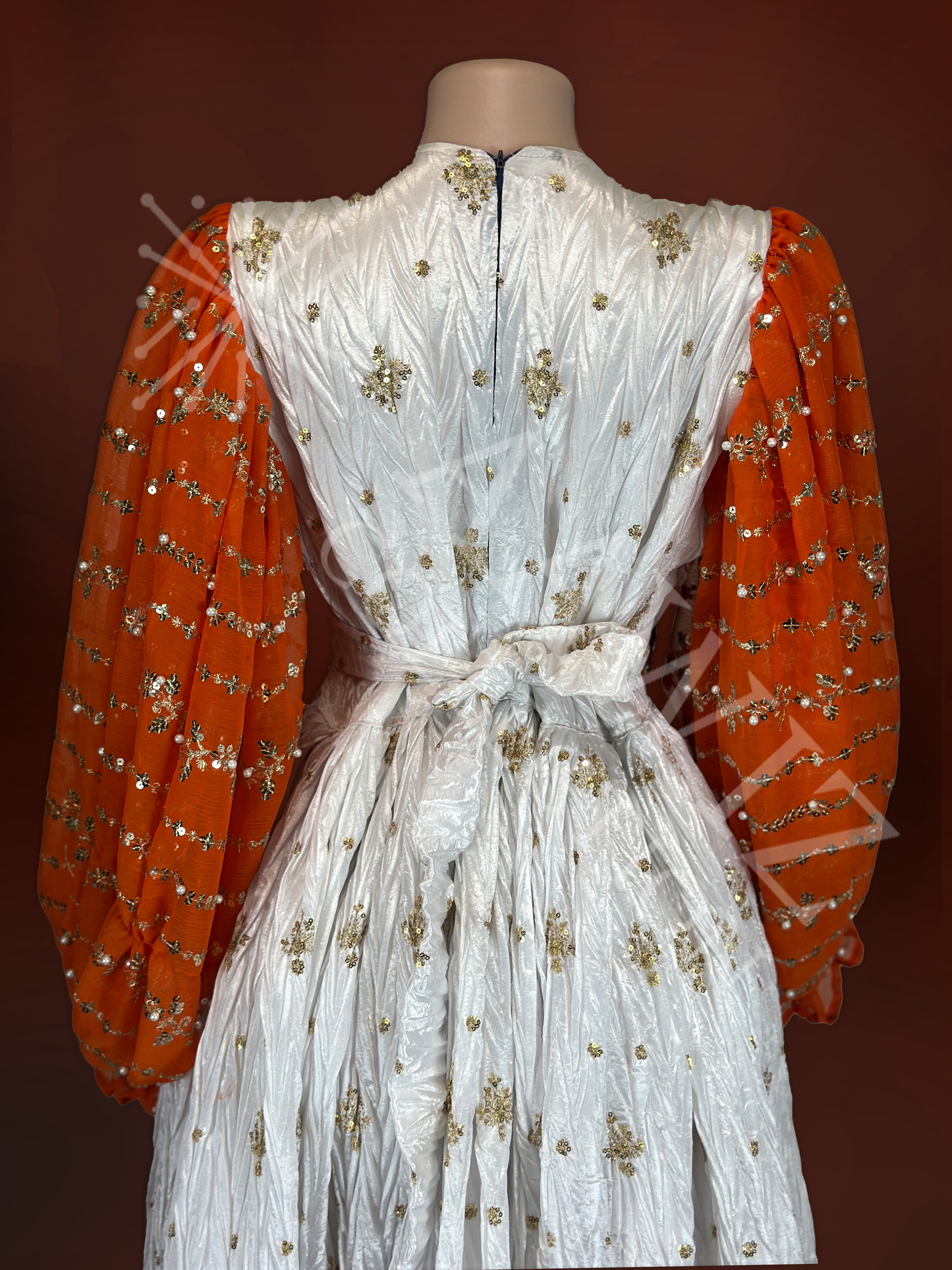 Pari Gul – White & Orange Traditional Afghan Dress (Three Piece)