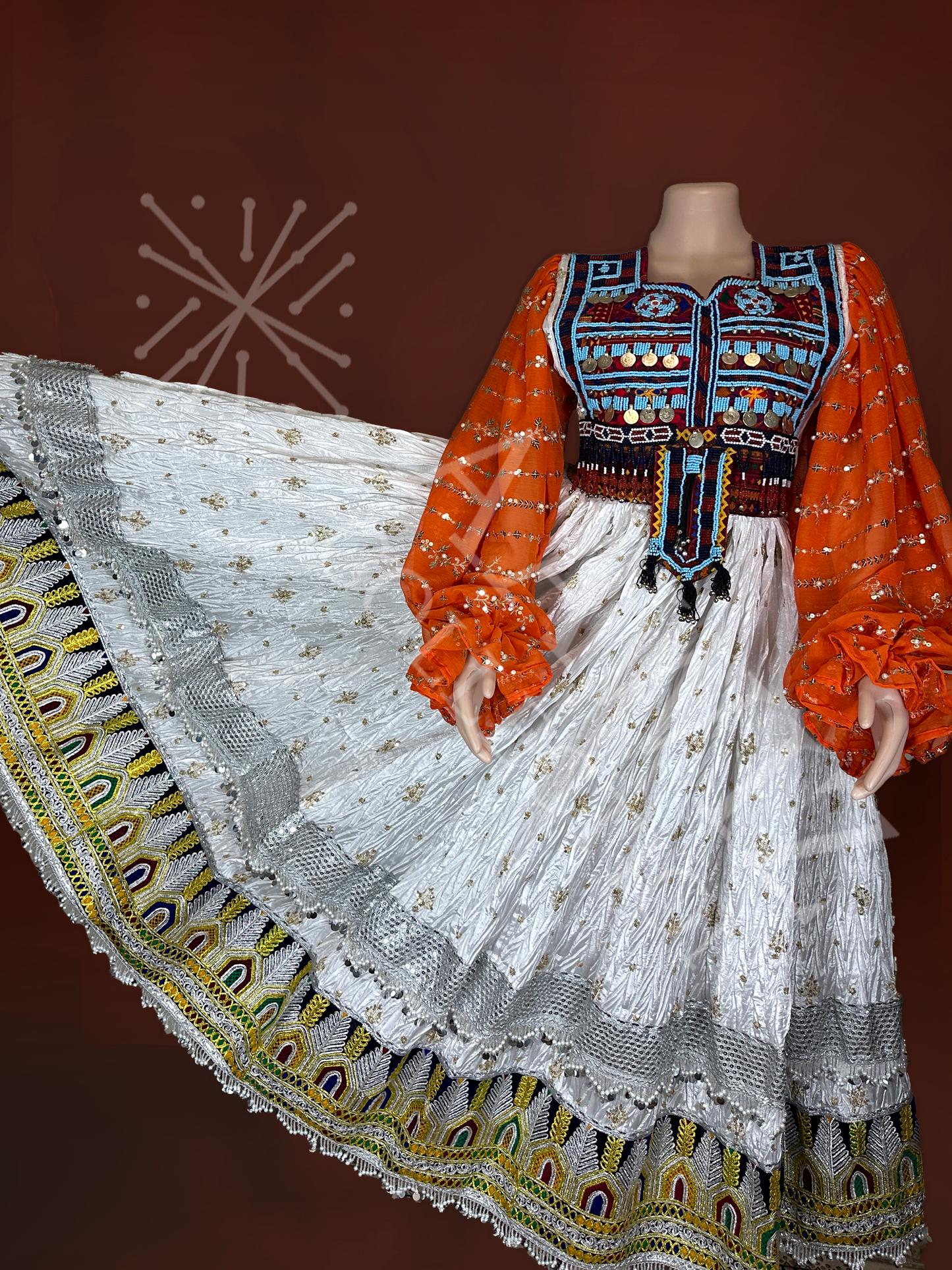 Pari Gul – White & Orange Traditional Afghan Dress (Three Piece)