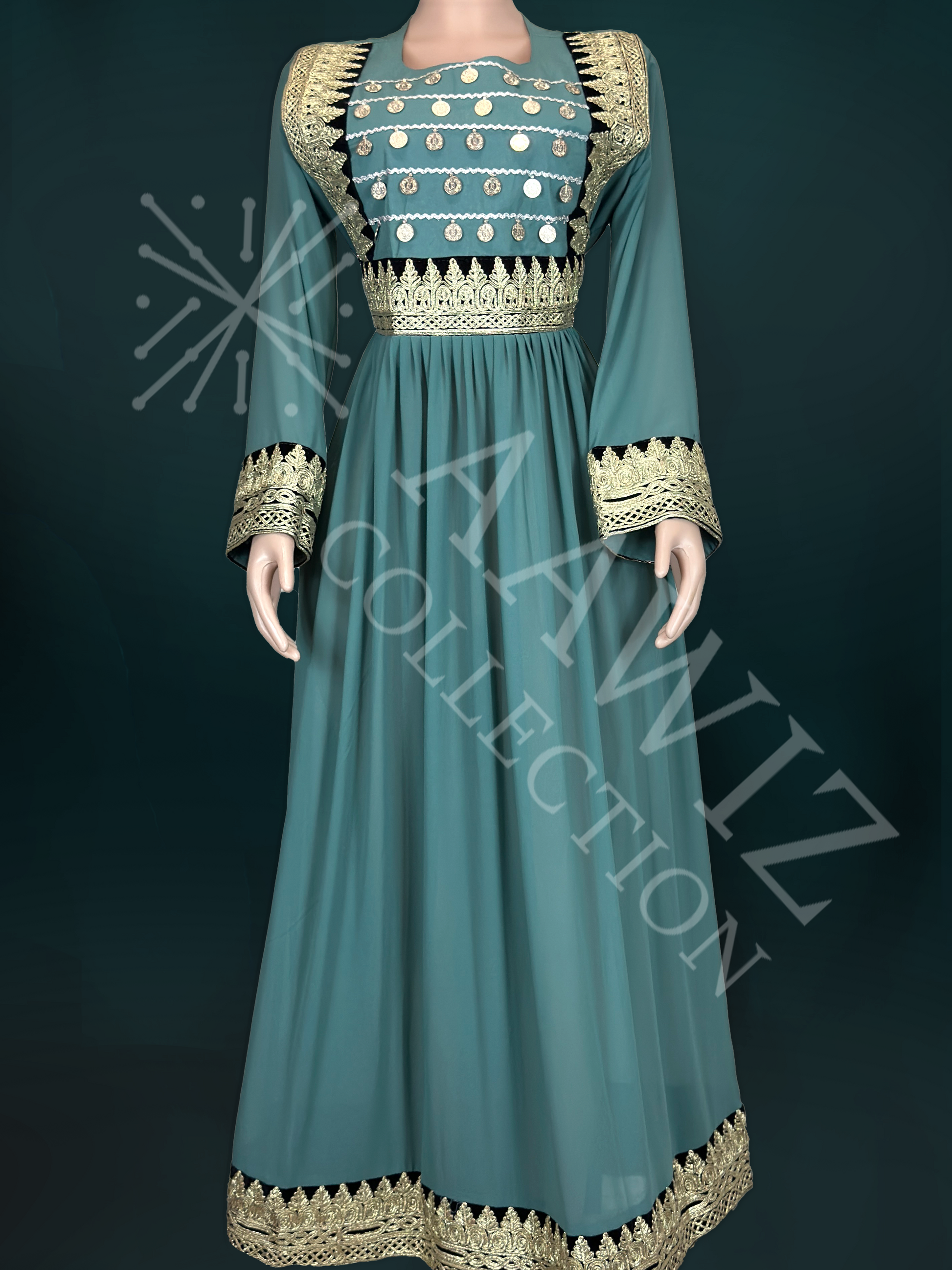 Zamaurd Royal Teal Afghan Dress (1 Piece) Aawiz Collection Zamaurd Royal Teal Afghan Dress (1 Piece) Aawiz Collection