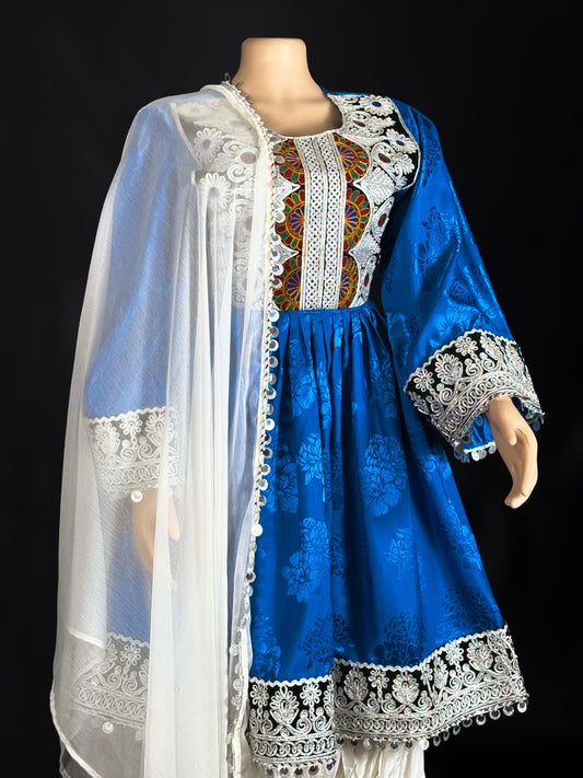 Afsana Blue & White Handcrafted Traditional Outfit (Three Piece)