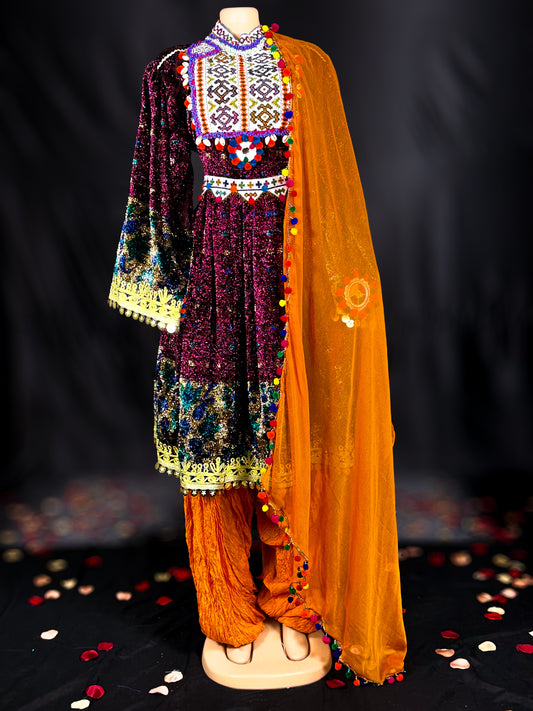 Parasto Kuchi Dress (Three Pieces) – Handcrafted Embroidered Attire with Orange Scarf