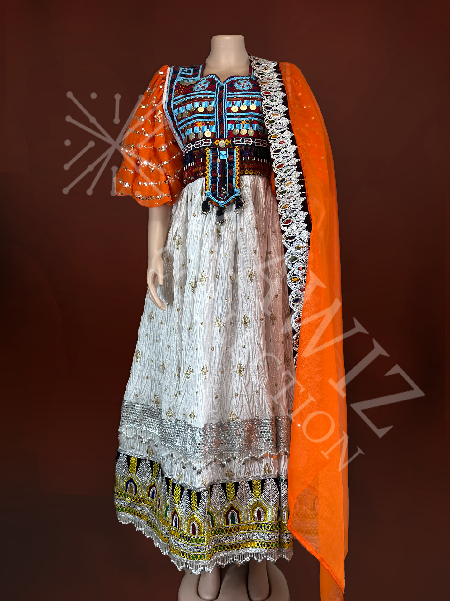 Pari Gul – White & Orange Traditional Afghan Dress (Three Piece)