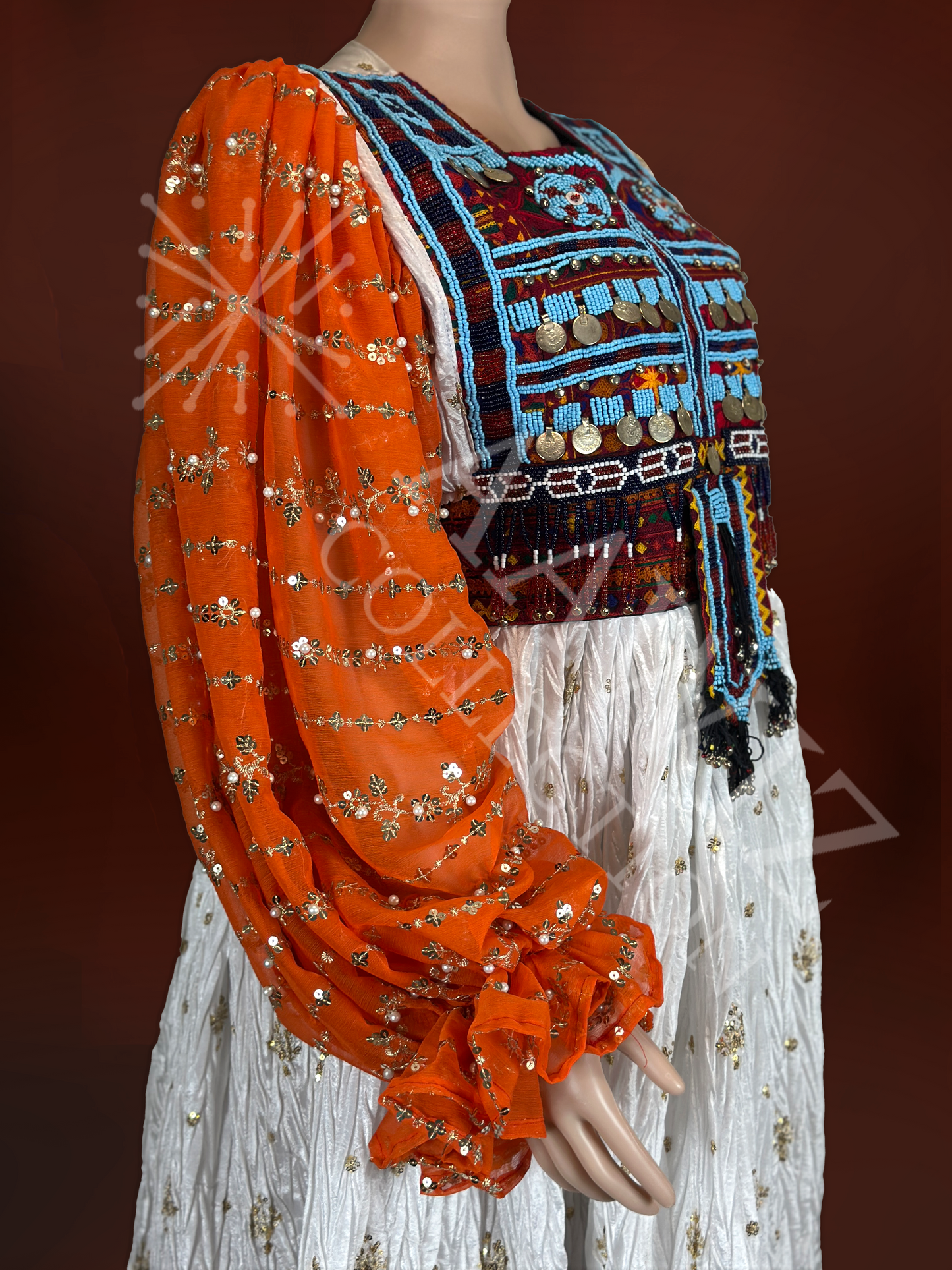 Pari Gul – White & Orange Traditional Afghan Dress (Three Piece)