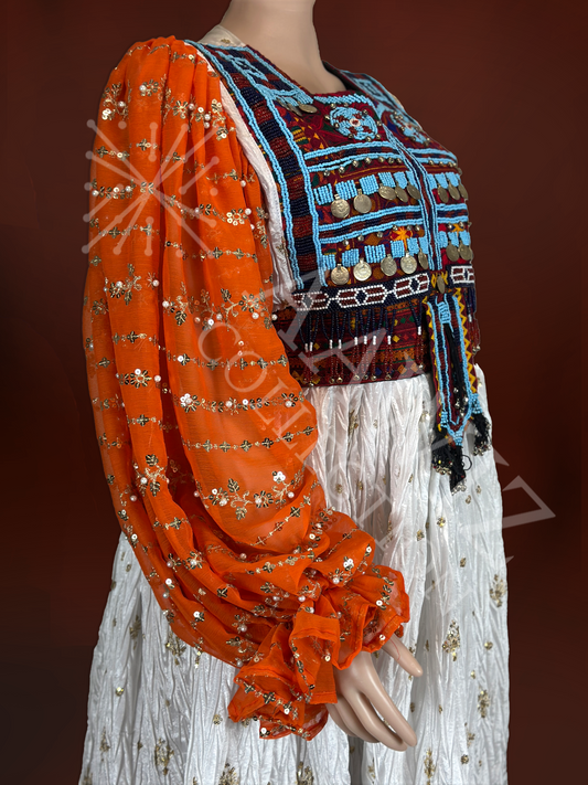 Pari Gul – White & Orange Traditional Afghan Dress (Three Piece)